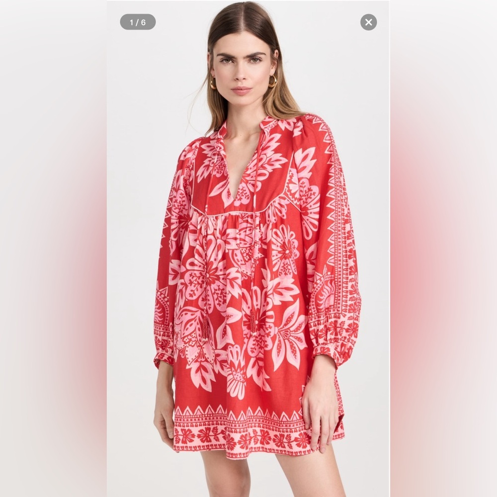 Highly sought after Farm Rio Flora Tapestry Red Long Sleeve Mini Dress. New